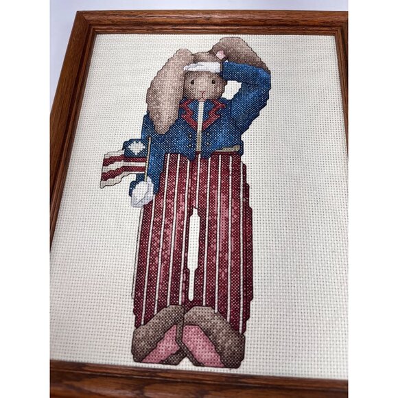 Patriotic Bunny Cross Stitch Framed Art Wood Frame Decorative Vintage - Picture 5 of 8